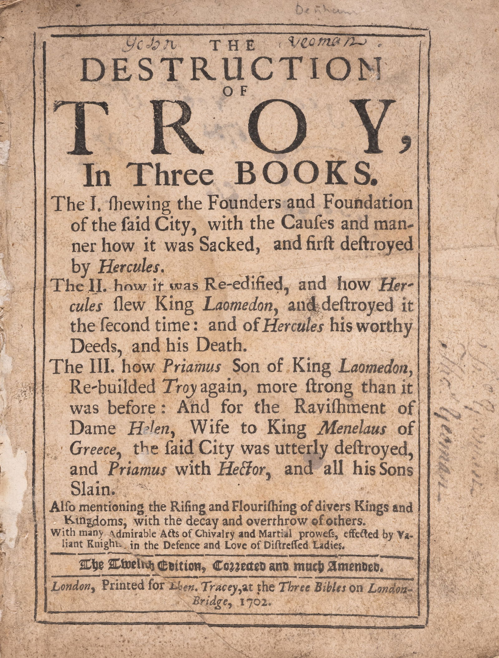 Levant.- [Lefevre (Raoul)] The Destruction of Troy, in three books, twelfth edition, for Eben.: Levant.- [Lefevre (Raoul)] The Destruction of Troy, in three books, twelfth edition, title laid down, previous owner's ink signature to title, staining, small paper defect affecting text (2B1), occasi