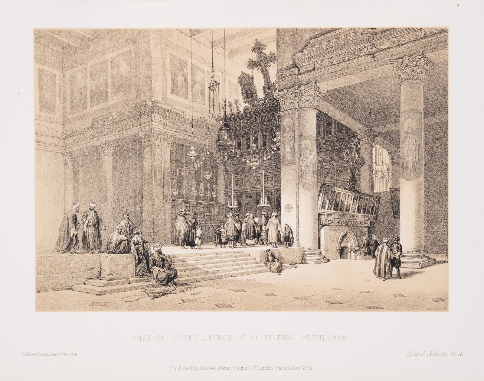 Levant.- Roberts (David) The Holy Land, 3 vol., Cassell & Company, [c.1880]: Levant.- Roberts (David) The Holy Land, 3 vol., half-titles, titles in red and black, 120 tinted lithographs, occasional very faint spotting, contemporary half-calf, rubbed, sunning to edges, bumping