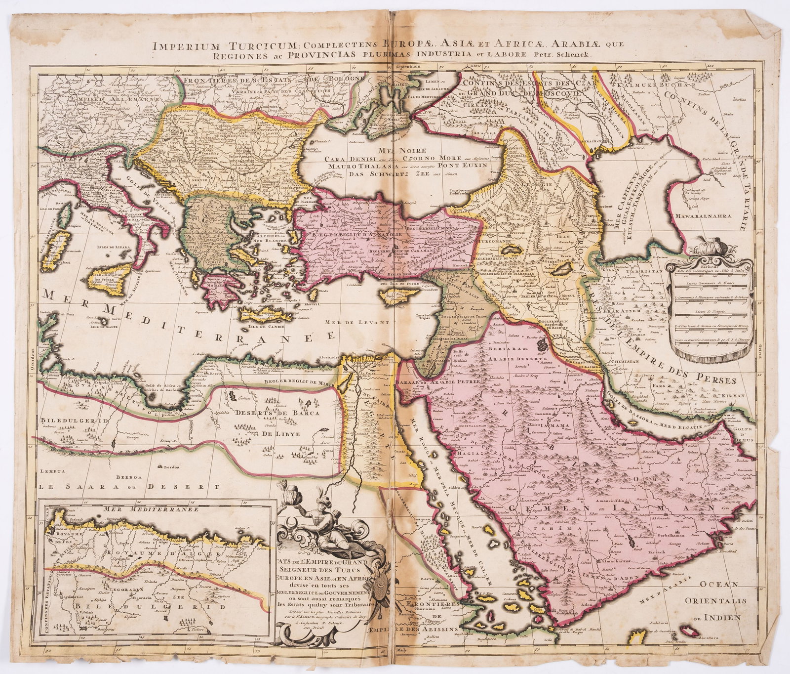 Middle East.- Ottoman Empire.- Schenk (Peter) Imperium Turcicum Complectens Europae, Asiae et: Middle East.- Ottoman Empire.- Schenk (Peter) Imperium Turcicum Complectens Europae, Asiae et Africae, Arabiae, engraved map with full hand-colouring, sheet 510 x 590 mm (20 x 23 1/4 in), central vert