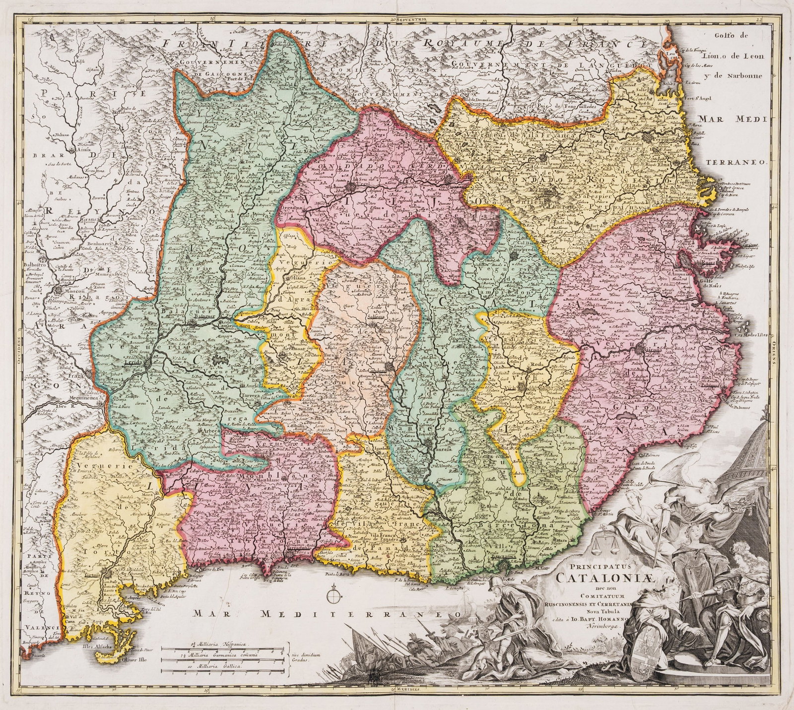 Spain.- Catalonia.- Homann (Johann Baptist) Principatus Cataloniae..., engraved map, [c.1710];: Spain.- Catalonia.- Homann (Johann Baptist) Principatus Cataloniae..., engraved map with hand-colouring, a beautiful impression, sheet 525 x 605 mm (20 3/4 x 23 3/4 in), central vertical fold with spl