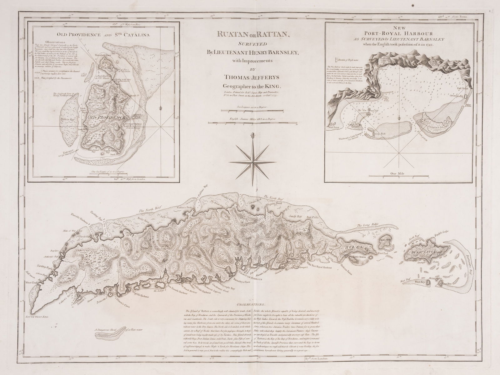 West Indies.- Jefferys (Thomas) Ruatan or Rattan, Surveyed by Lieutenant Henry Barnsley, with: West Indies.- Jefferys (Thomas) Ruatan or Rattan, Surveyed by Lieutenant Henry Barnsley, with Improvements..., engraved map on laid paper with Strasbourg lily watermark, platemark 480 x 635 mm (18 7/8