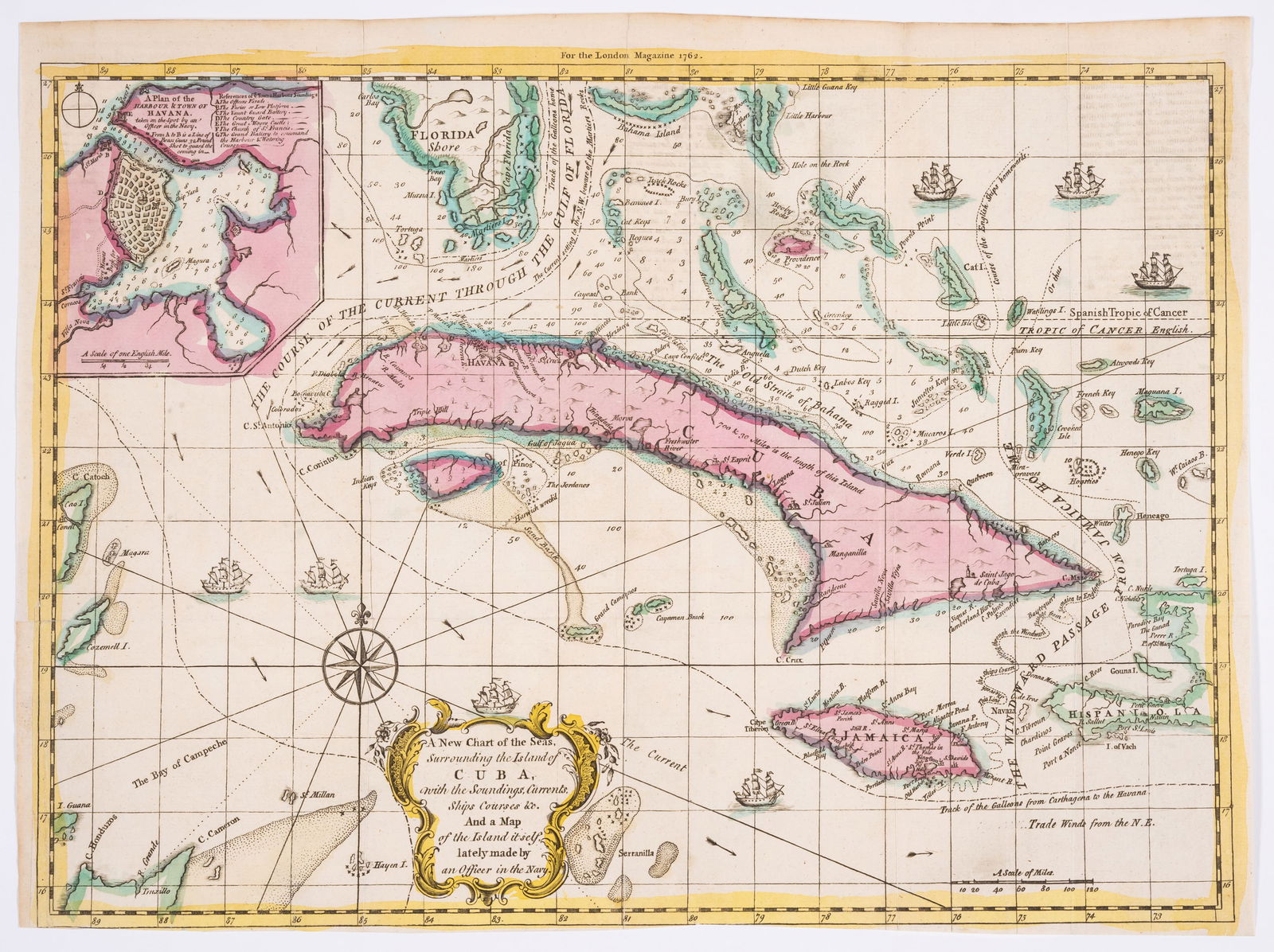 West Indies.- London Magazine (The) A New Chart of the Seas Surrounding the Island of Cuba with the: West Indies.- London Magazine (The) A New Chart of the Seas Surrounding the Island of Cuba with the Soundings, Currents, Ships Courses &c., engraved map with original hand-colouring, sheet 280 x 380 m