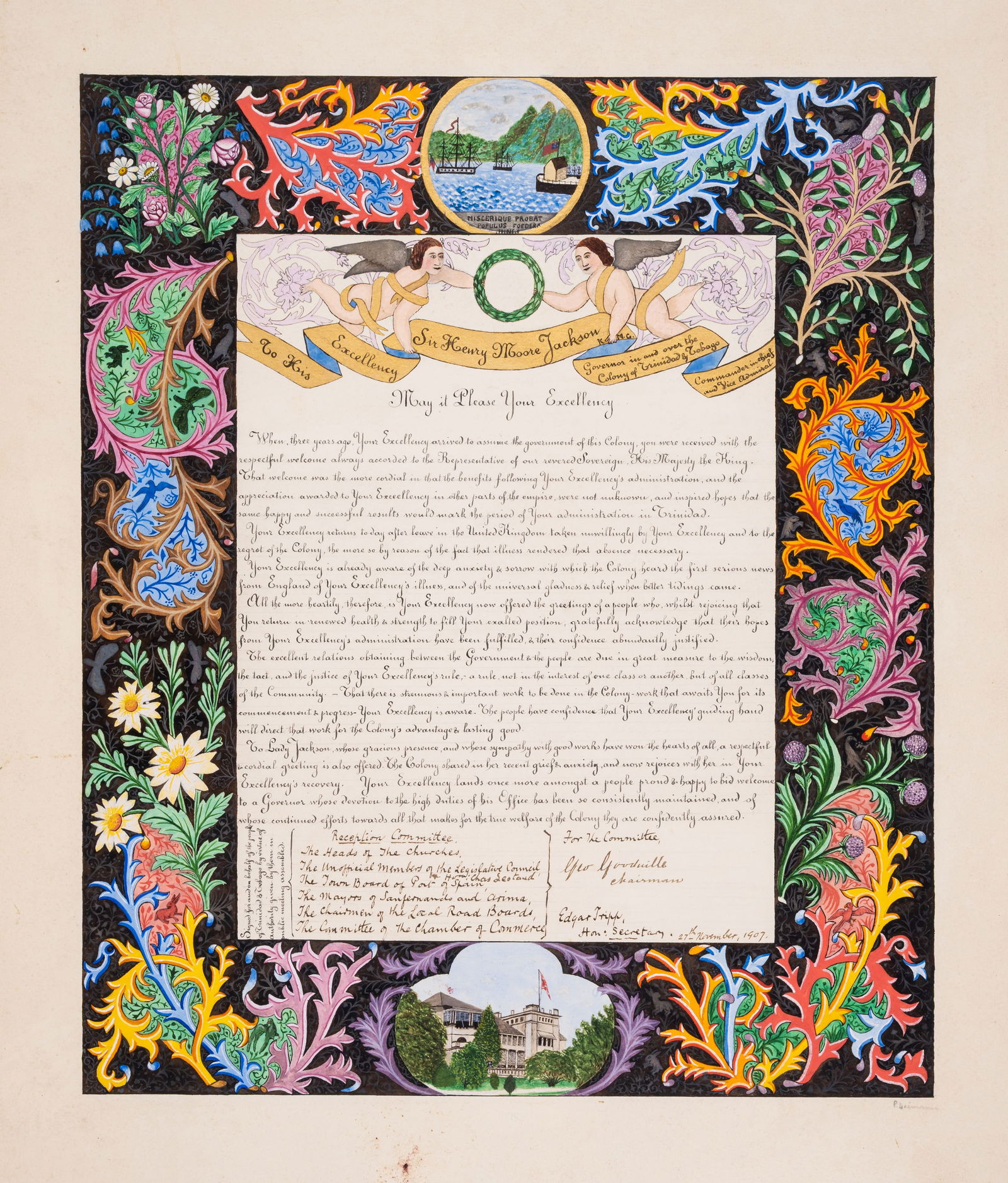 West Indies.- Trinidad and Tobago.- Colony committee members (Trinidad and Tobago) Two manuscript: West Indies.- Trinidad and Tobago.- Colony committee members (Trinidad and Tobago) Two manuscript presentation documents addressed to Sir Henry Moore Jackson, Governor of Trinidad and Tobago, one rela