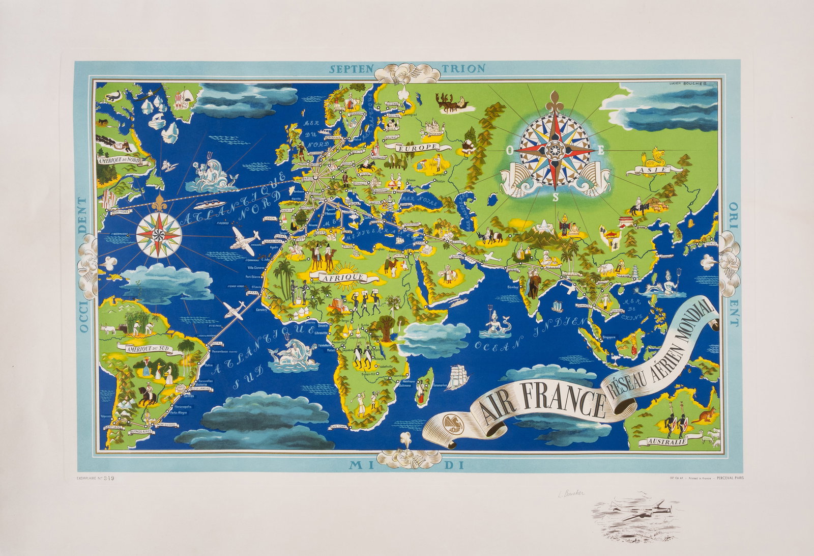 World.- Boucher (Lucien) Air France, Réseau Aérien Mondial, colour printed poster map, [c.1937] (1 of 1)