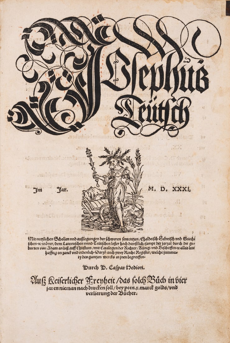 Josephus (Flavius) Josephus Teütsch, edited by Caspar Hedio, first German edition, 2 parts in 1, (1 of 1)