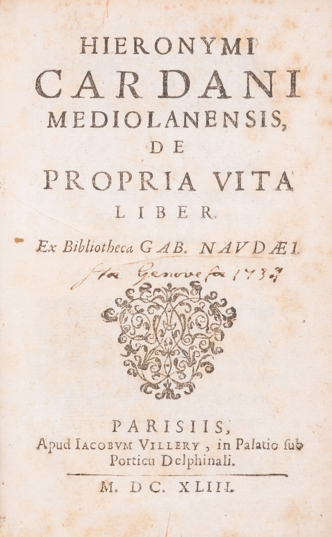Cardano (Girolamo) De Propria vita liber, first edition, Paris, Jacques Villery, 1643. (1 of 2)