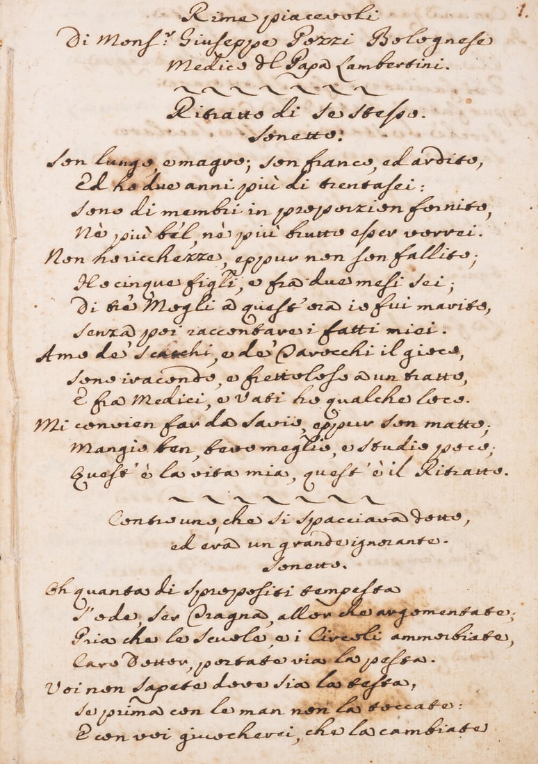 Italian poet.- Pozzi (Giuseppe D Ippolito) Rime piacevoli di Mons. Giuseppe Pozzi Bolognese, Medico (1 of 1)