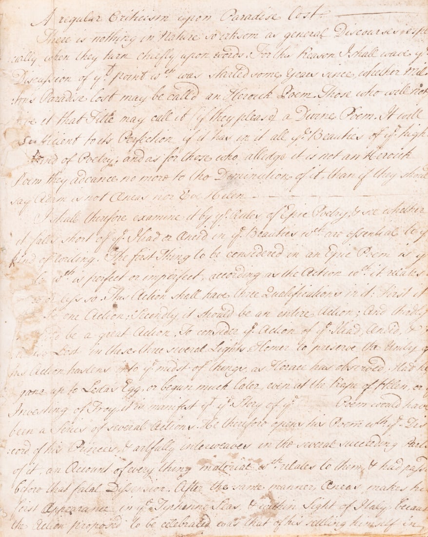 Miltoniana.- [Addison (Joseph)] A regular Criticism upon Paradise lost, manuscript, original calf, (1 of 1)