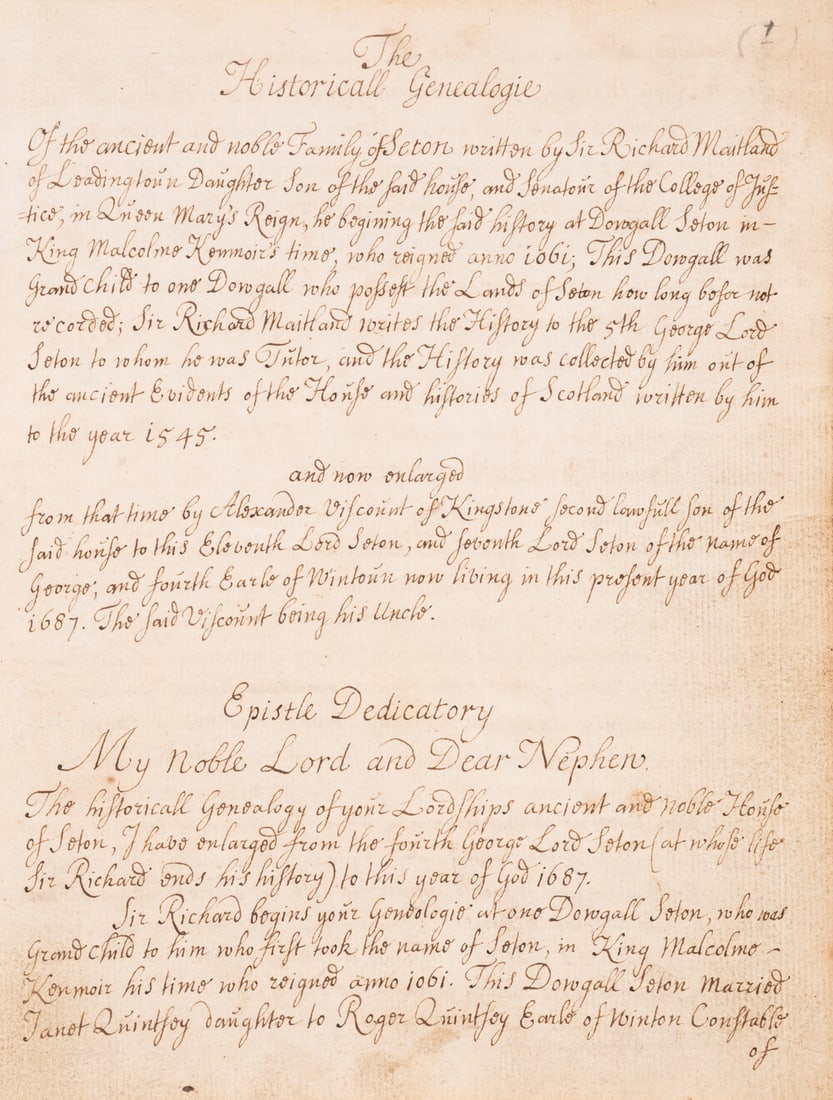 Scottish Genealogy.- Seton family.- Maitland (Sir Richard, of Lethington) The Historical Genealogie (1 of 1)