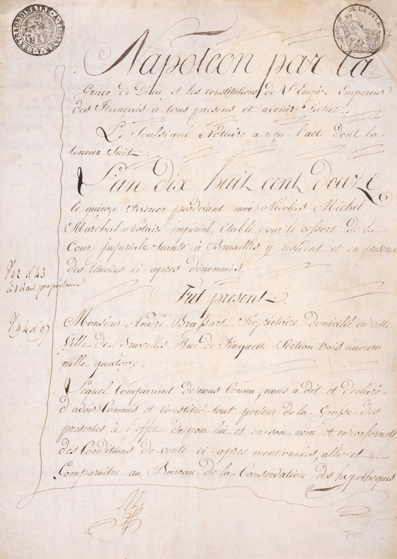 Napoleon I.- Michel (Nicholas, Imperial Notary) Legal document relating to Andre Brassart of: Napoleon I.- Michel (Nicholas, Imperial Notary) Legal document relating to Andre Brassart of Brussels in the Imperial Court sitting at Brussels, D.s. "N.M. Marechal Nots",