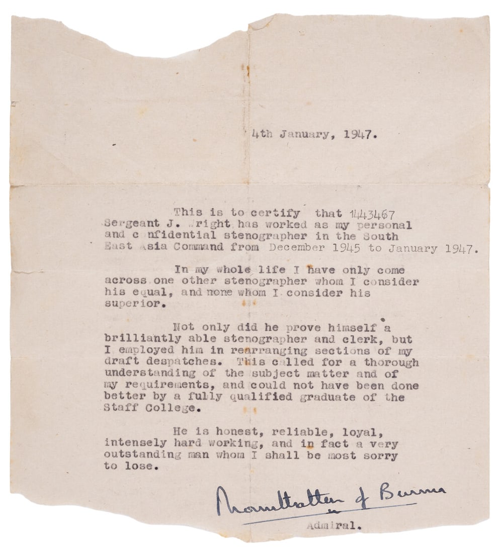 Mountbatten (Louis, first Earl Mountbatten of Burma) 5 Typed Letters signed (1 duplicate) to (1 of 1)