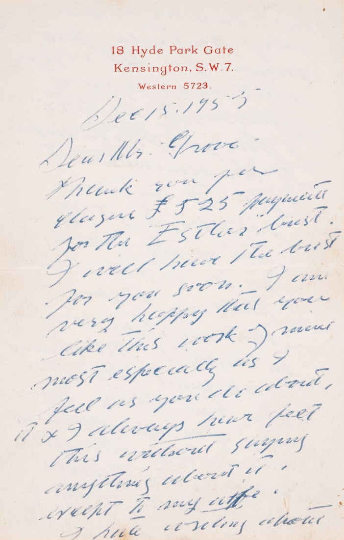 Epstein (Jacob) Autograph Letter signed to Mrs. Grove regarding Esther bust, 1955; and another from (1 of 1)