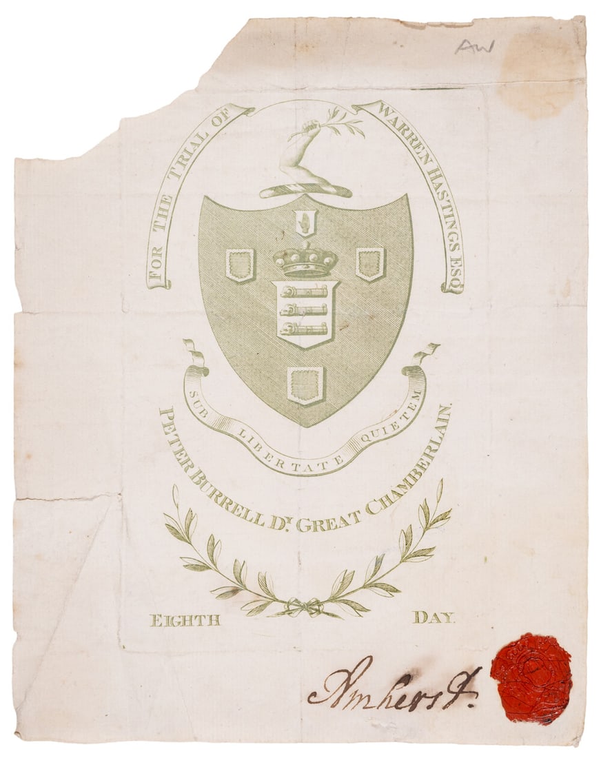 Trial of Warren Hastings.- Entrance ticket for the eighth day of the Hastings trial at Westminster (1 of 1)