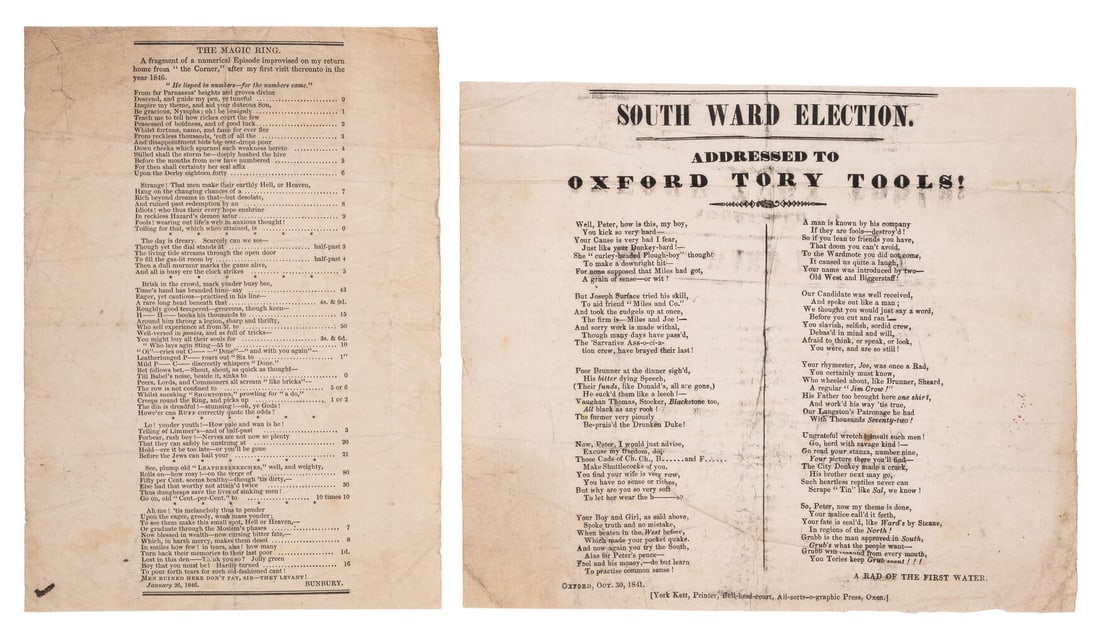 Oxford Radicals lampoon Tories.- South Ward election. Addressed to Oxford Tory Tools!, Oxfordshire,: Oxford Radicals lampoon Tories.- South Ward election. Addressed to Oxford Tory Tools!, broadside, double column, trimmed, creased, lightly soiled and browned, 182 x 213mm., Oxford