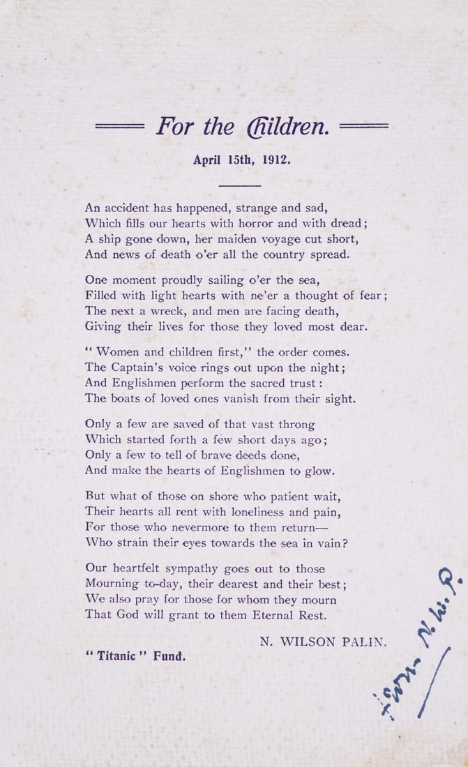 Titanic.- Orphans.- Palin (N. Wilson) Titanic "For the Children" handbill, signed by the author, (1 of 1)