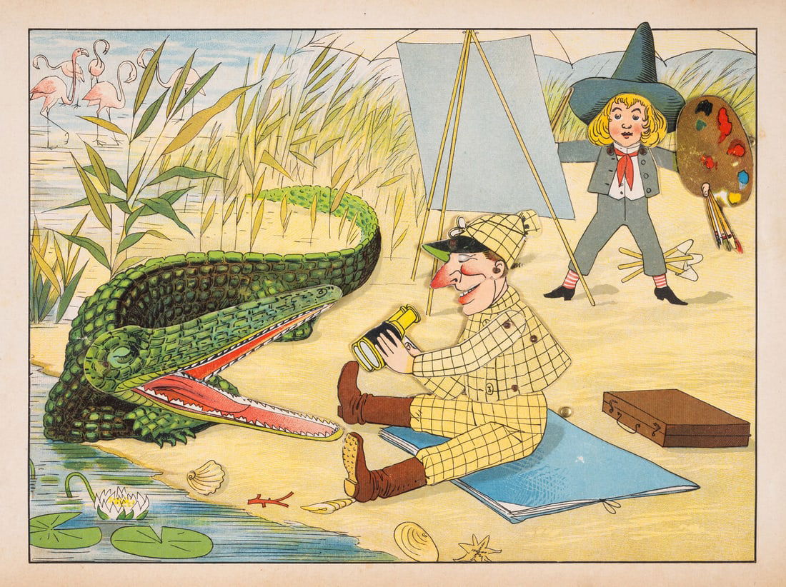 Movable toy book.- Meggendorfer (Lothar) Travels of Little Lord Thumb and his man Damian, first: Movable toy book.- Meggendorfer (Lothar) Travels of Little Lord Thumb and his man Damian, first edition, 8 chromolithograph plates with movable p