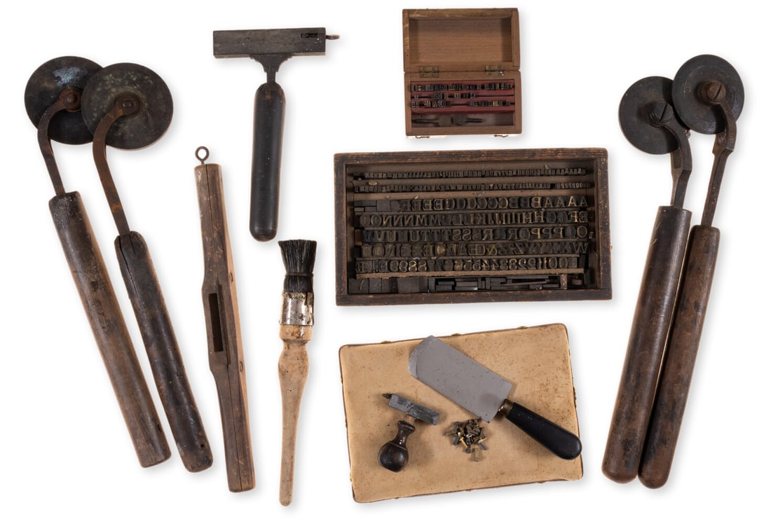 Bookbinding equipment.- Finishing press, lying press, sewing frame, fillet roll tools, tray of brass (1 of 1)