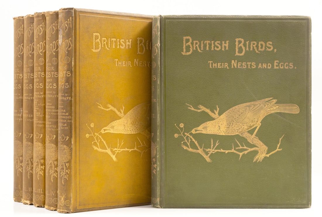 Frohawk (F.W.) British Birds with their Nests and Eggs, 6 vol., [1896-98].: Frohawk (F.W.) British Birds with their Nests and Eggs, 6 vol., plates, some colour, a couple loose, original pictorial cloth, gilt, vol.1-5 ochre, vol.6 green, e