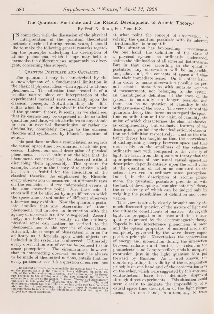 Atomic Theory.- Nobel Prize Winner.- Bohr (Niels) The Quantum Postulate and the Recent Development: Atomic Theory.- Nobel Prize Winner.- Bohr (Niels) The Quantum Postulate and the Recent Development of Atomic Theory, in Nature, vol.121, no.3050, com