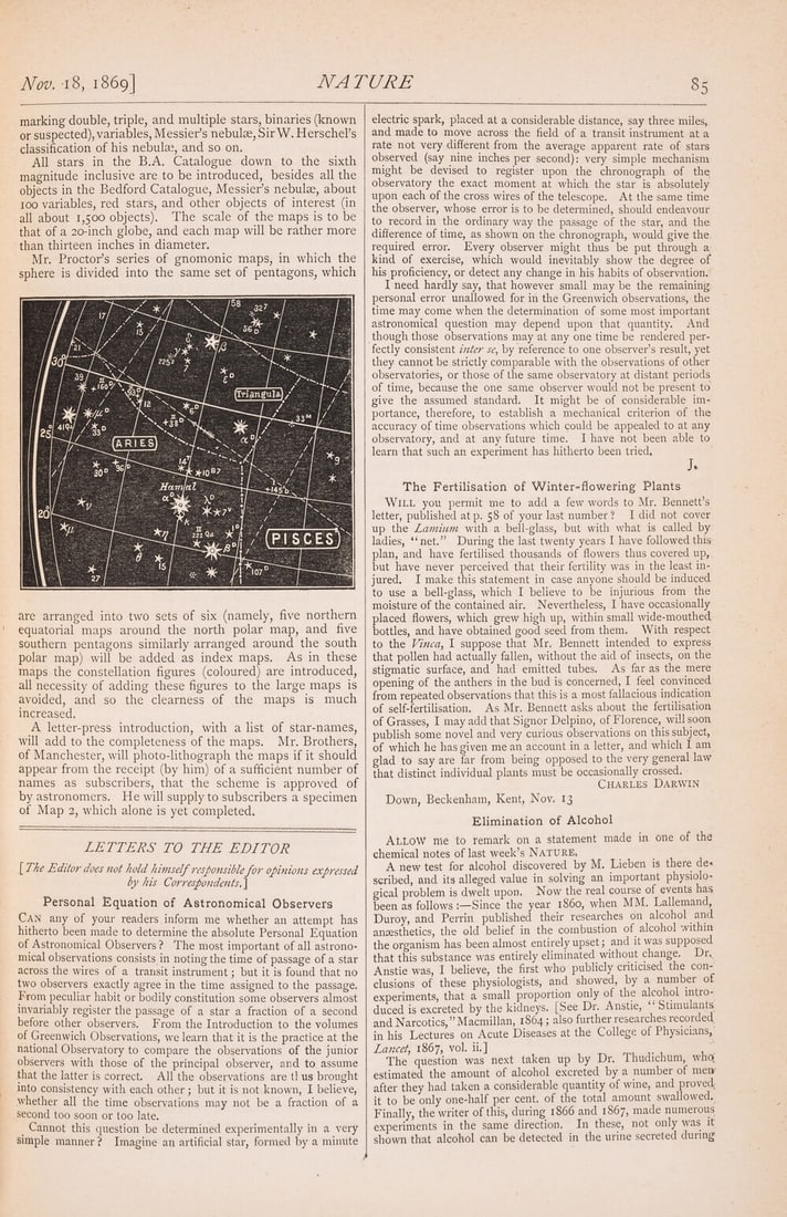 Darwin (Charles) The Fertilisation of Winter-flowering Plants, in Vol.1, Nature, p.85, 1870. (1 of 1)