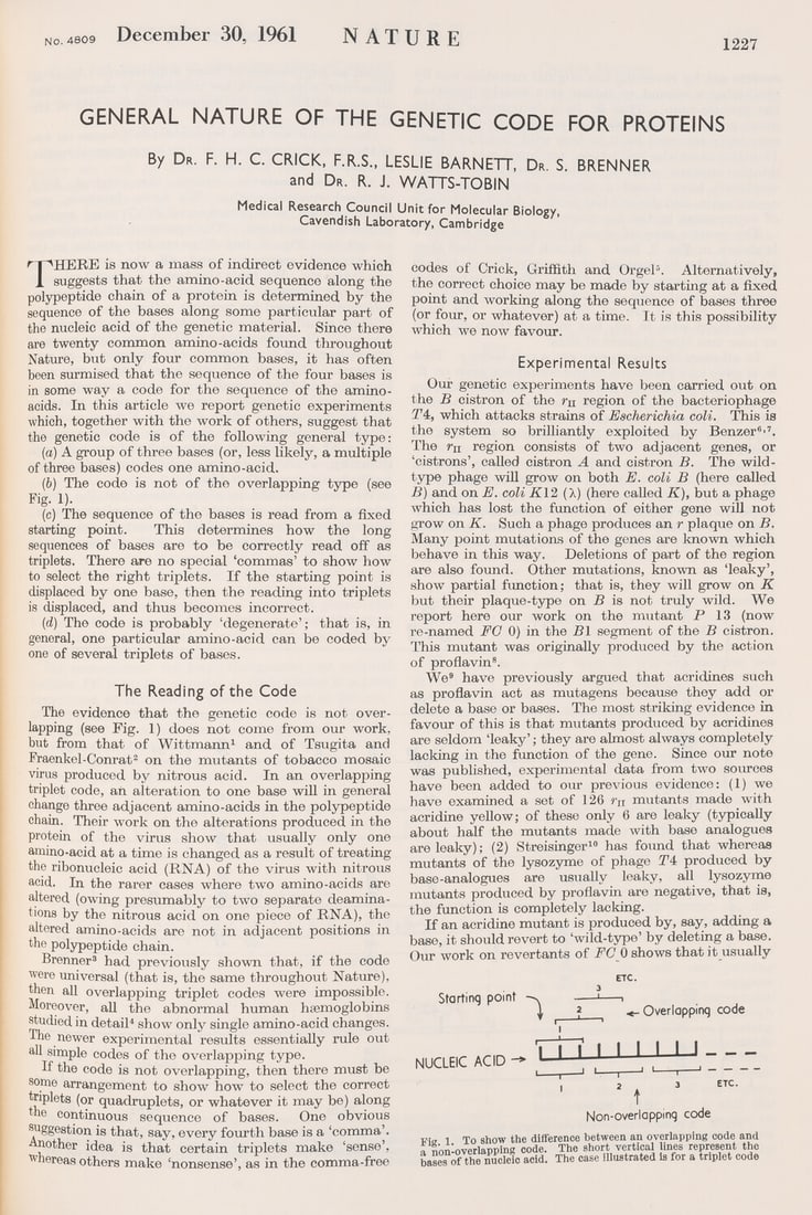 DNA.- Nobel Prize Winners.- Crick (Francis Harry C.) and Sydney Brenner, et al.. General Nature of (1 of 1)