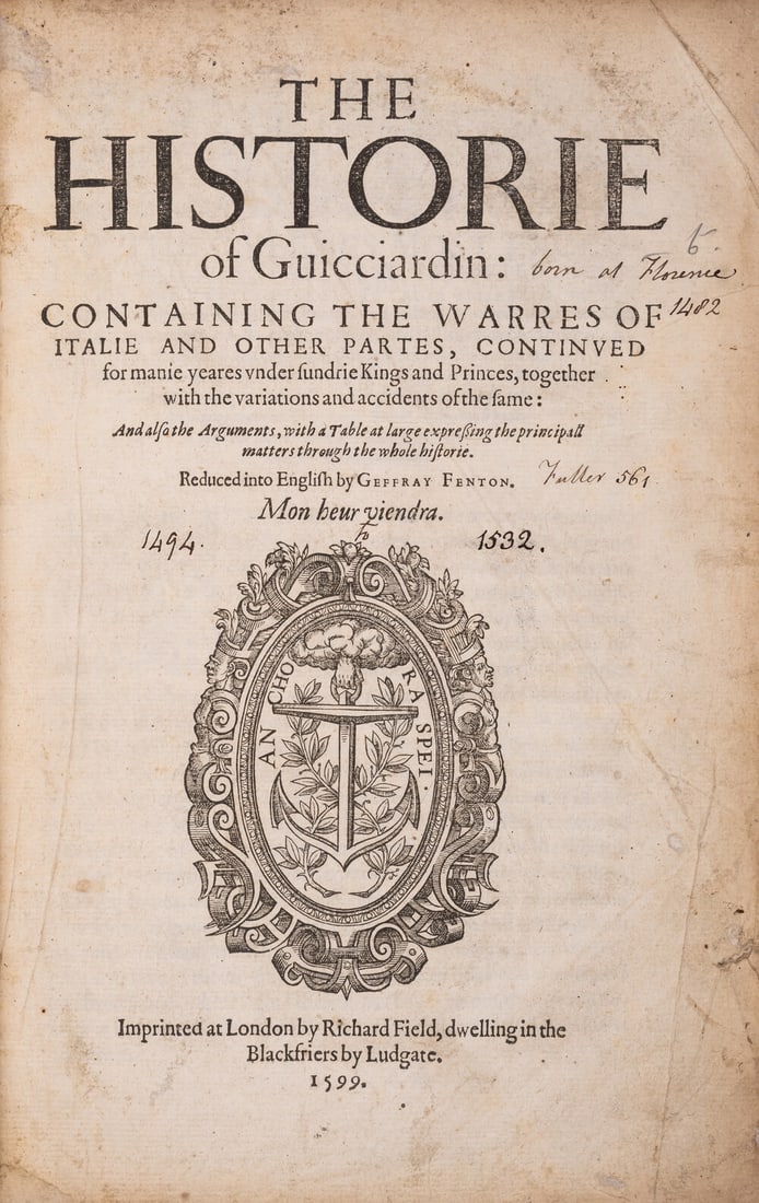 Italy.- Guicciardini (Francesco) The Historie of Guicciardin: Containing the Warres of Italie and (1 of 1)