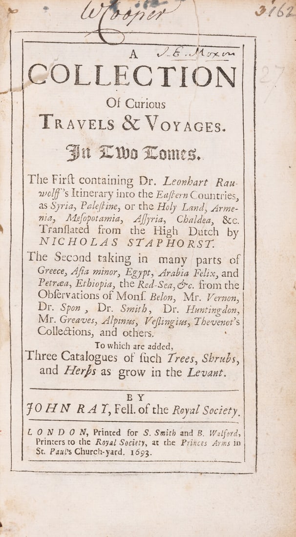 Levant.- Ray (John) A Collection of Curious Travels & Voyages, 2 vol. in 1, first edition, for (1 of 1)