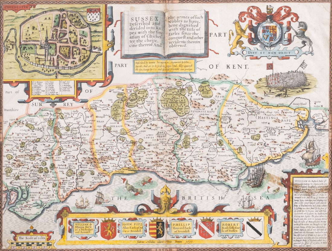 Sussex.- Speed (John) Sussex Described and divided into Rapes with the siutuation of Chichester the (1 of 1)