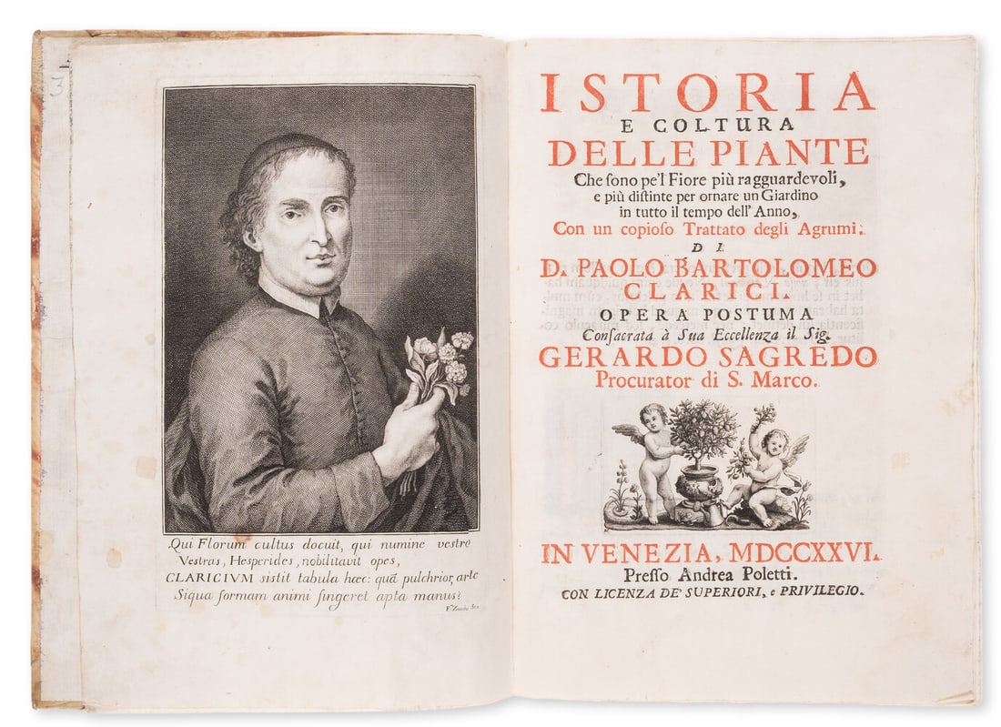 Flower gardens.- Clarici (Paolo Bartolomeo) Istoria e Coltura delle Piante, first edition, Venice, (1 of 1)