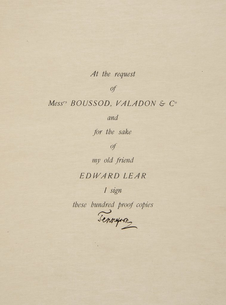 Tennyson (Alfred, Lord) Poems, one of 100 copies signed: Tennyson (Alfred, Lord) Poems, number 77 of 100 copies signed by the author, frontispiece portrait, vignettes and 16 plates by Edward Lear, captioned tissue-guards, original half morocco, gilt by Zaeh