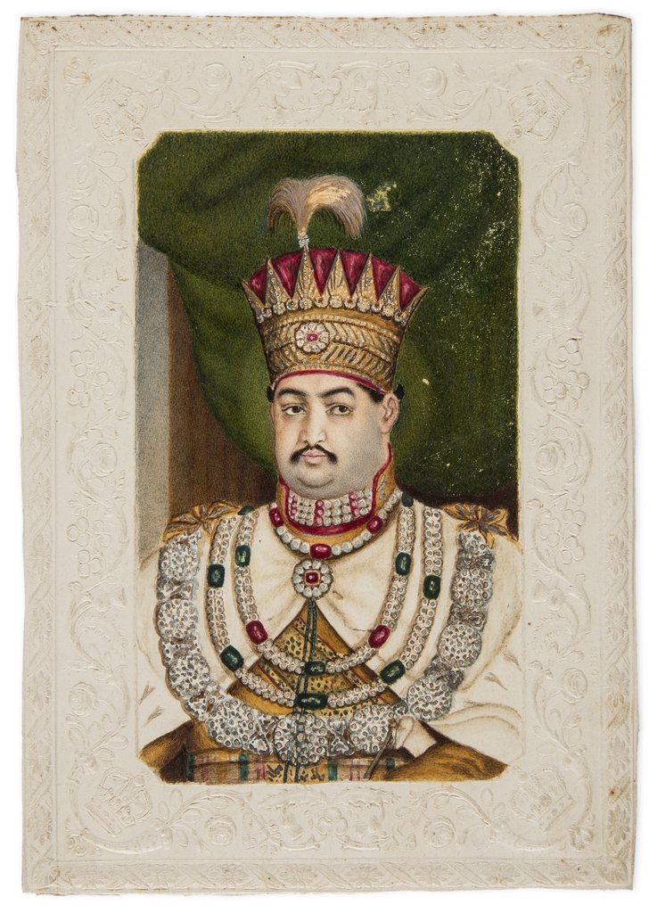 India.- Lucknow School.- Amjad Ali Shah, King of: India.- Lucknow School. Amjad Ali Shah, King of Oudh, 1801-1847, reigned 1842-1847, head and shoulders portrait, watercolour and bodycolour heightened with gold and silver on English pasteboard with a