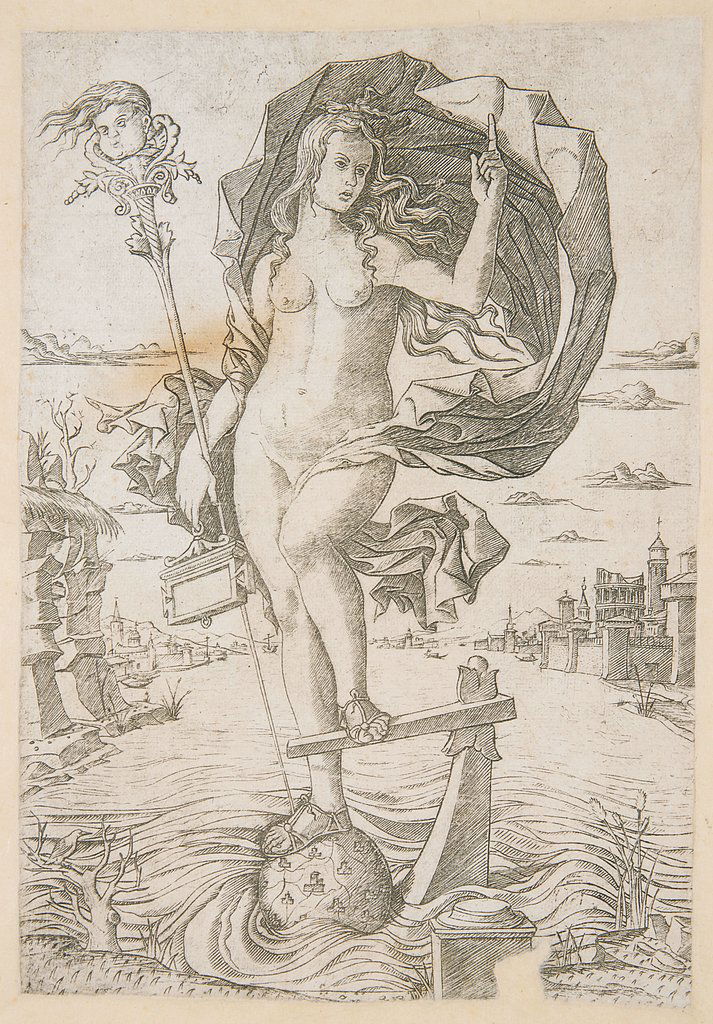 Modena (Nicoletto da) An allegory of Fortune standing: Nicoletto da Modena (fl. 1500-?1511)An allegory of Fortune standing on top a globe in the sea engraving, with delicate plate tone, circa 1500-1510, on laid paper with watermark of gothic initials [?]E