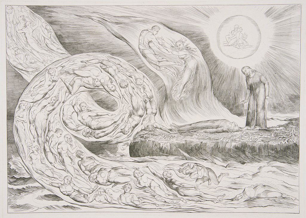 Blake (William) Illustrations to Dante's Divine Comedy: William Blake (1757-1827)Illustrations to Dante's Divine Comedy the complete set of seven line-engravings, circa 1827, on India laid paper, 'The Circle of the Lustful' with partial watermark which has
