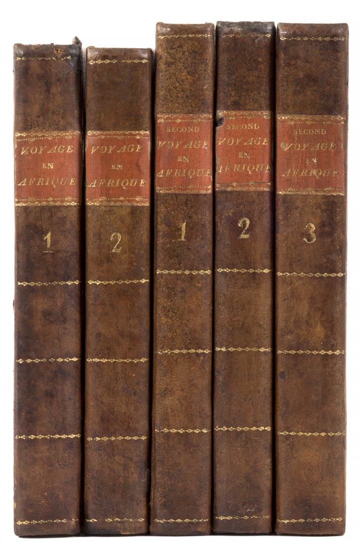 Africa.- Levaillant (François) Voyage... dans: Africa.- Levaillant (François) Voyage... dans l'Interieur de l'Afrique [- Second Voyage dans l'Interieur de l'Afrique], 5 vol., Second Voyage with half-titles, 34 engraved plates, 7 folding, Firs