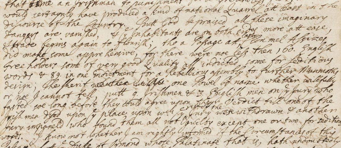 Ireland.- Perceval (John) Long Autograph Letter: Ireland & England.- Perceval (Sir John, 3rd baronet, father of John Perceval, first earl of Egmont, politician and diarist, 1683-1748, c. 1660-85) Long Autograph Letter initialled "JP" to John Pigott,