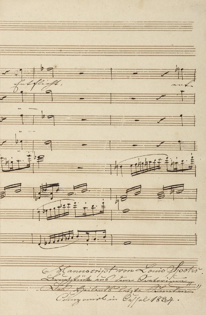 Music.- Spohr (Louis) Piano Trio number 1, autograph: Music.- Spohr (Louis, German composer, violinist and conductor, 1784-1859) Piano Trio number 1, autograph manuscript, 10pp., 3 folios torn into several fragments, browned, loose, oblong 4to, 1834. 