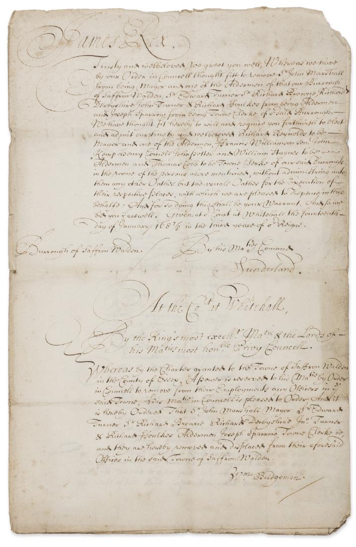 Saffron Walden, Essex.- James II. Order replacing Sir: Saffron Walden, Essex.- James II (King of England, Scotland and Ireland, 1633-1701) Order replacing Sir John Marshall, Mayor of Saffron Walden, and several aldermen, with a new mayor and aldermen as d