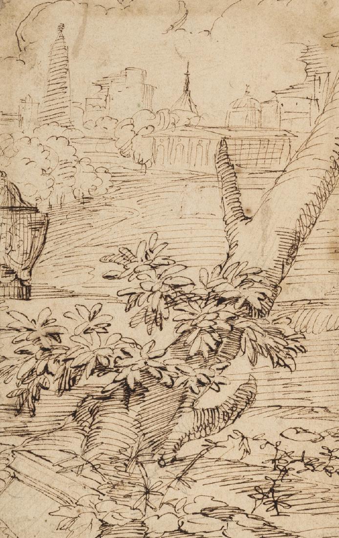 Follower of Annibale Carracci (1560-1609), Landscape: Follower of Giovanni Francesco Barbieri, called Il Guercino (1591-1666), Landscape with isolated tree, classical buildings in the distance, pen and brown ink, over black chalk, on laid paper without w