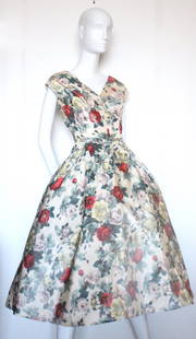 Christian Dior Demi Couture Floral Silk Dress, c.1956: Christian Dior Demi Couture Floral Print Silk Taffeta Dress, c.1956. Labelled 'Christian Dior- Europe/ Manufacture par Christian Dior Export'. It has self constructed corset and petitcoat. Armpit to a