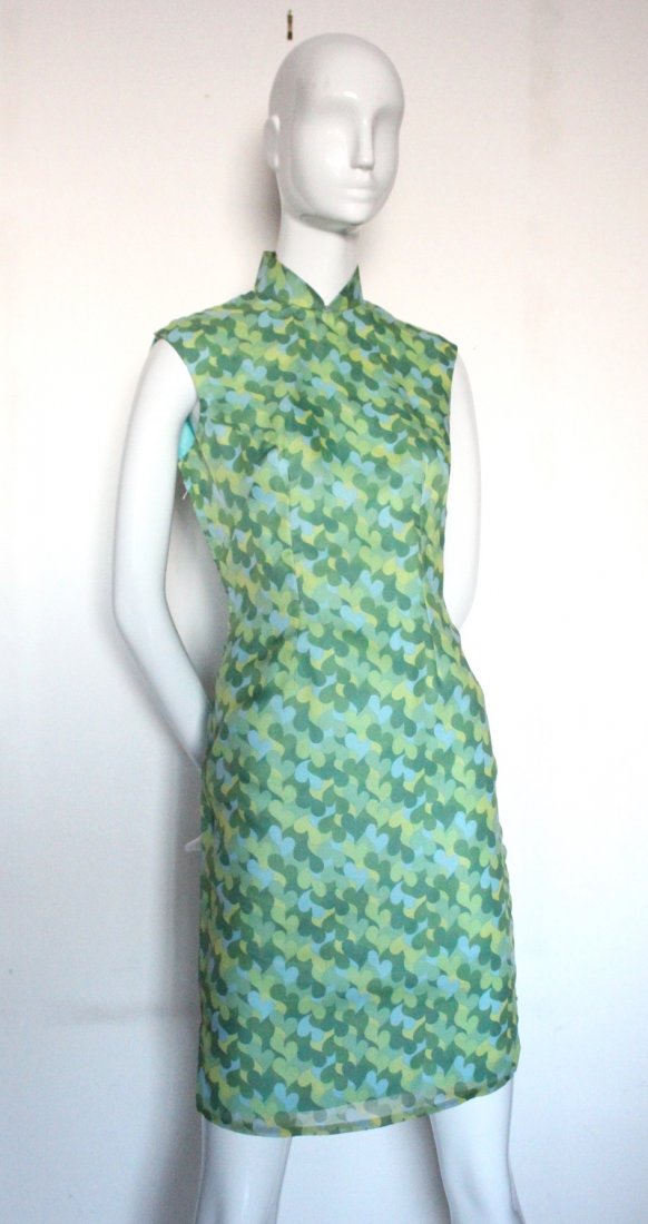 Green Heart Print Chiffon Chinese Style Dress, 1960's (1 of 3)