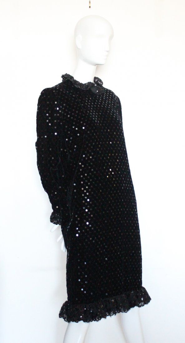 Bill Blass Sequined Black Velvet & Lace Dress, 1980's: Bill Blass Sequined Black Velvet & Lace Dress, c.1980's. Fully silk lined.