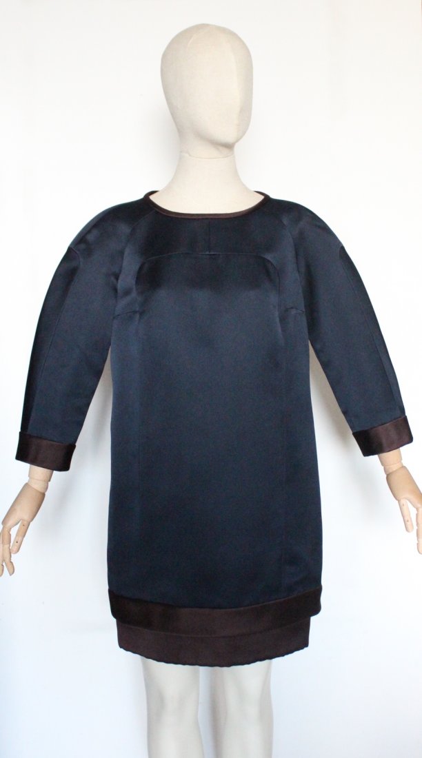 Pierre Cardin Haute Couture Silk Dress, c.1990's: Pierre Cardin Haute Couture Navy Blue & Brown Heavy Silk Twill Dress, c.1990's.