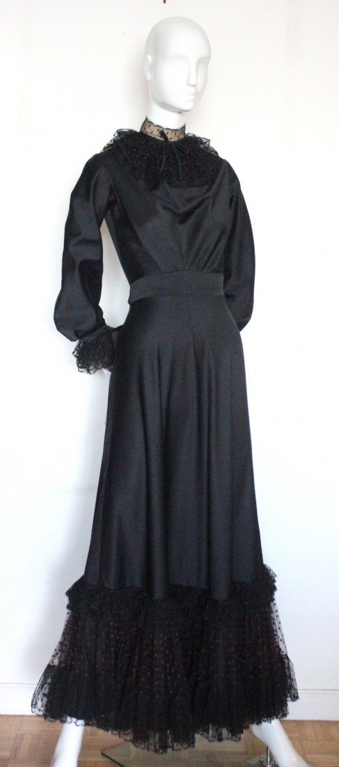 Donald Brooks Lace & Satin Evening Dress, c.1970's: Donald Brooks Lace & Satin Black Evening Dress, c.1970's.