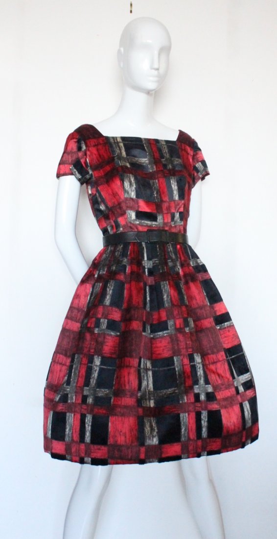 Galanos Red & Black Print Satin Cocktail Dress, 1950's (1 of 5)