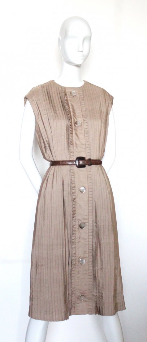 Guy Laroche Demi Couture Pleated Silk Dress, ca. 1966: Guy Laroche Demi Couture Pleated Brown Silk Dress, ca. 1966.