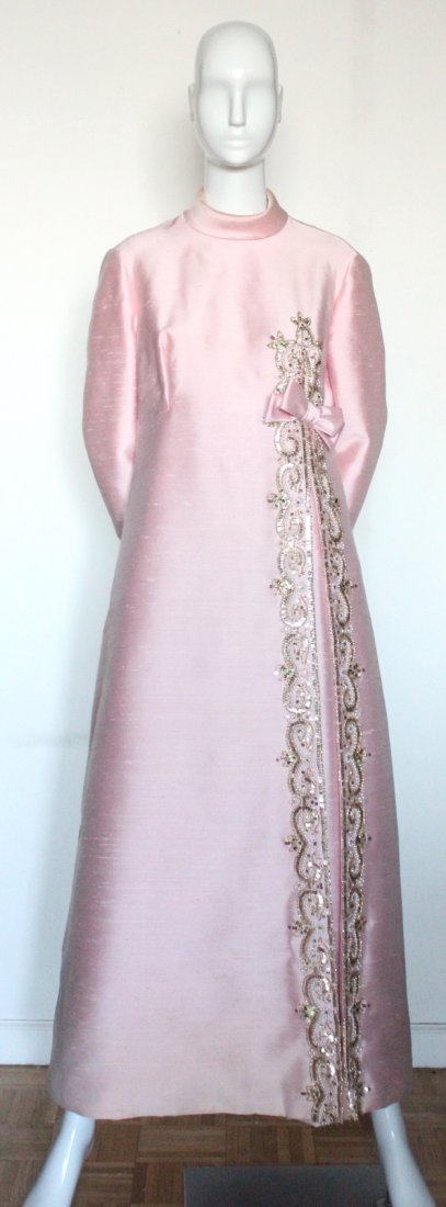 Smart Miss Embroidered Pink Silk Evening Dress, 1960's (1 of 4)