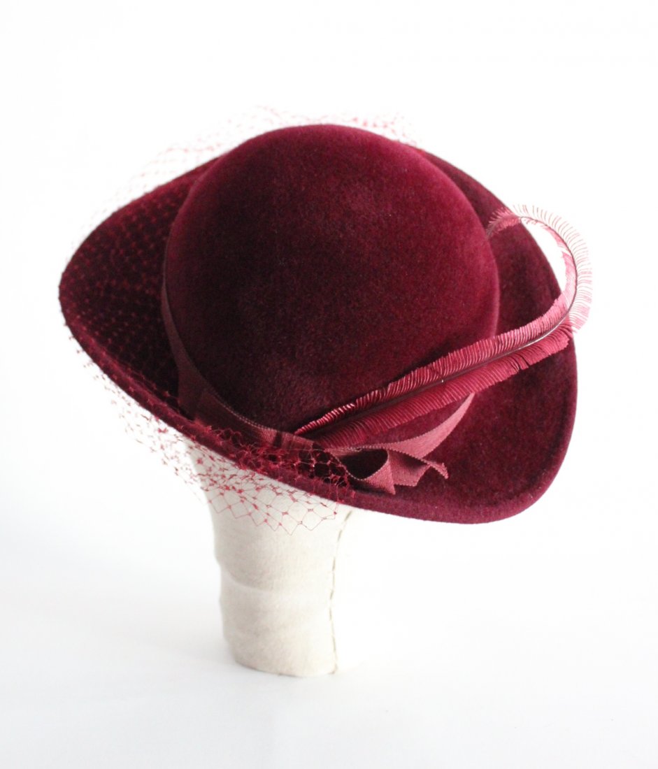 Josephine Tripoli Custom Made Burgundy Hat, ca. 1970's: Josephine Tripoli New York Custom Made Burgundy Fur Felt Hat with Tulle & Feather Trim, ca. 1970's