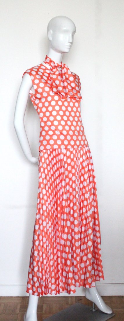 Pierre Cardin Orange Polka Dot Dress, early 1970's: Pierre Cardin Paris New York Orange & White Pleated Polka Dot Dress with matching scarf, early 1970's.