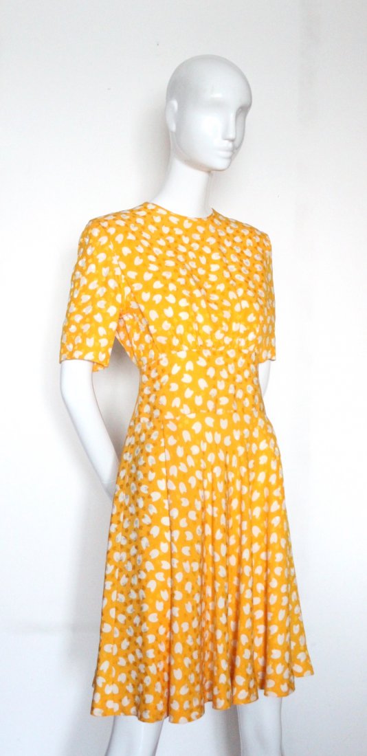 Couture Yellow & White Printed Silk Dress, ca. 1980's (1 of 4)