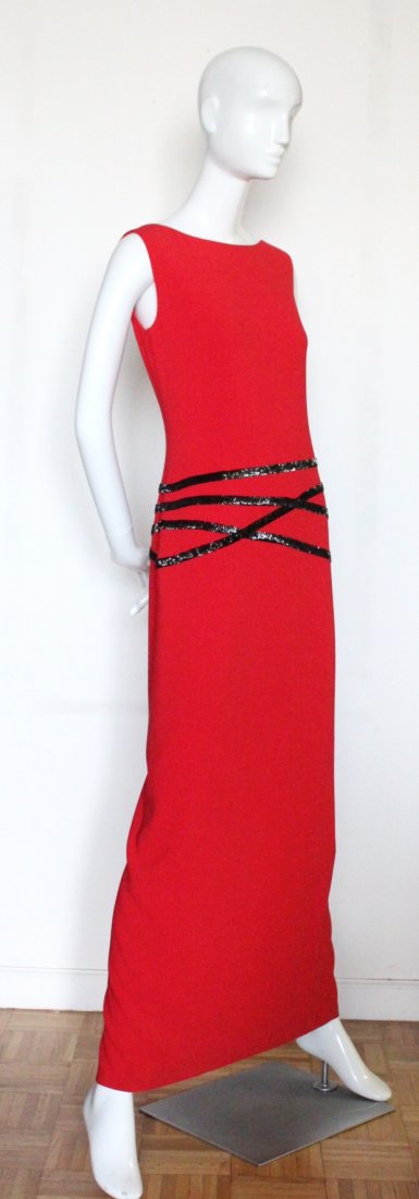 Halston Red Crepe Embroidered Dress, ca. 1990's: Halston Red Crepe Embroidered Dress, ca. 1990's